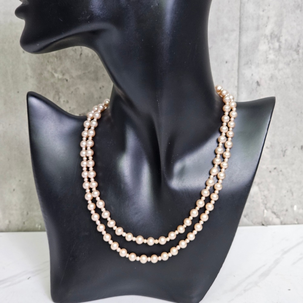 Vintage Double Strand Blush Pink Faux Pearl Necklace Rhinestone Hook Clasp